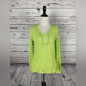 Kuna Alpaca 111 Pima Cotton Lace Knit V-Neck Long Sleeve Top – Green Medium